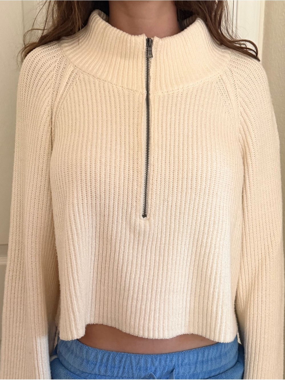 Cream Ribbed Half-Zip Cropped Sweater - Women's